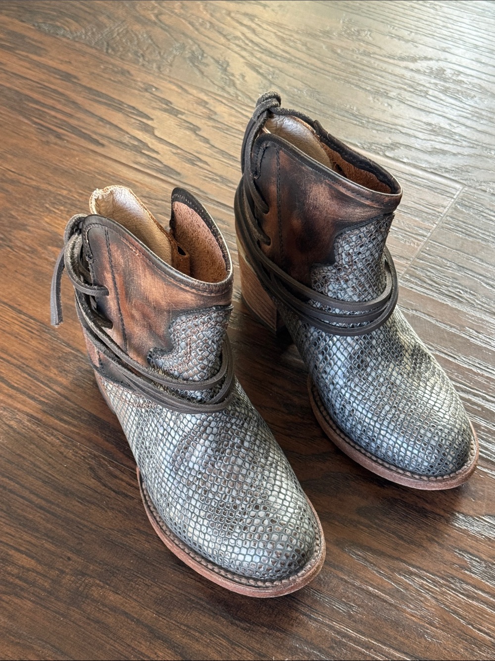 Freebird by Steven Metallic Gray and Distressed Brown Snake-Texture Ankle Boots - Picture 5 of 15